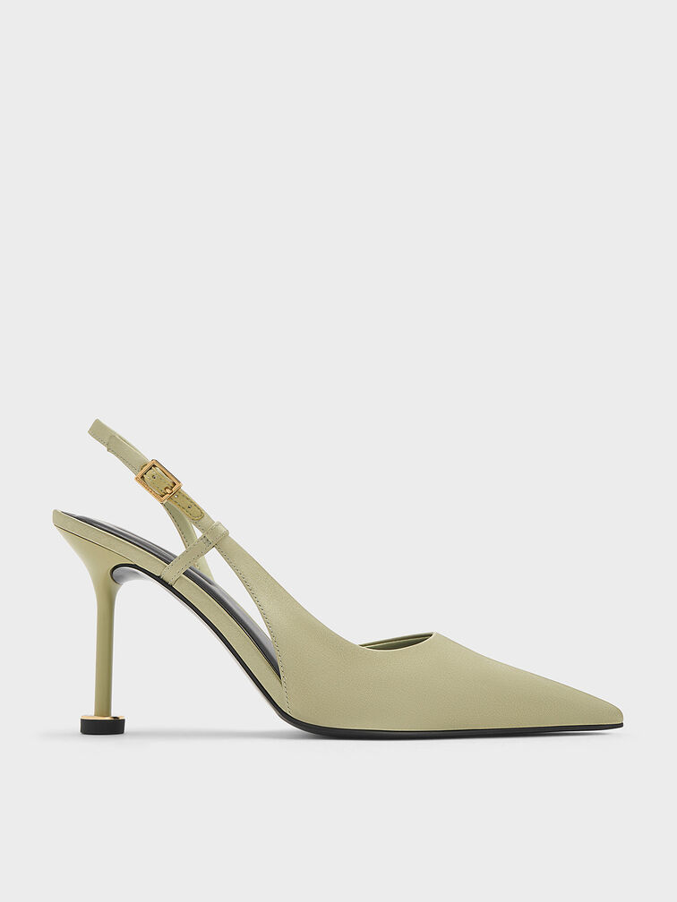 Recycled Polyester Pointed-Toe Sculptural-Heel Slingback Pumps, Green, hi-res