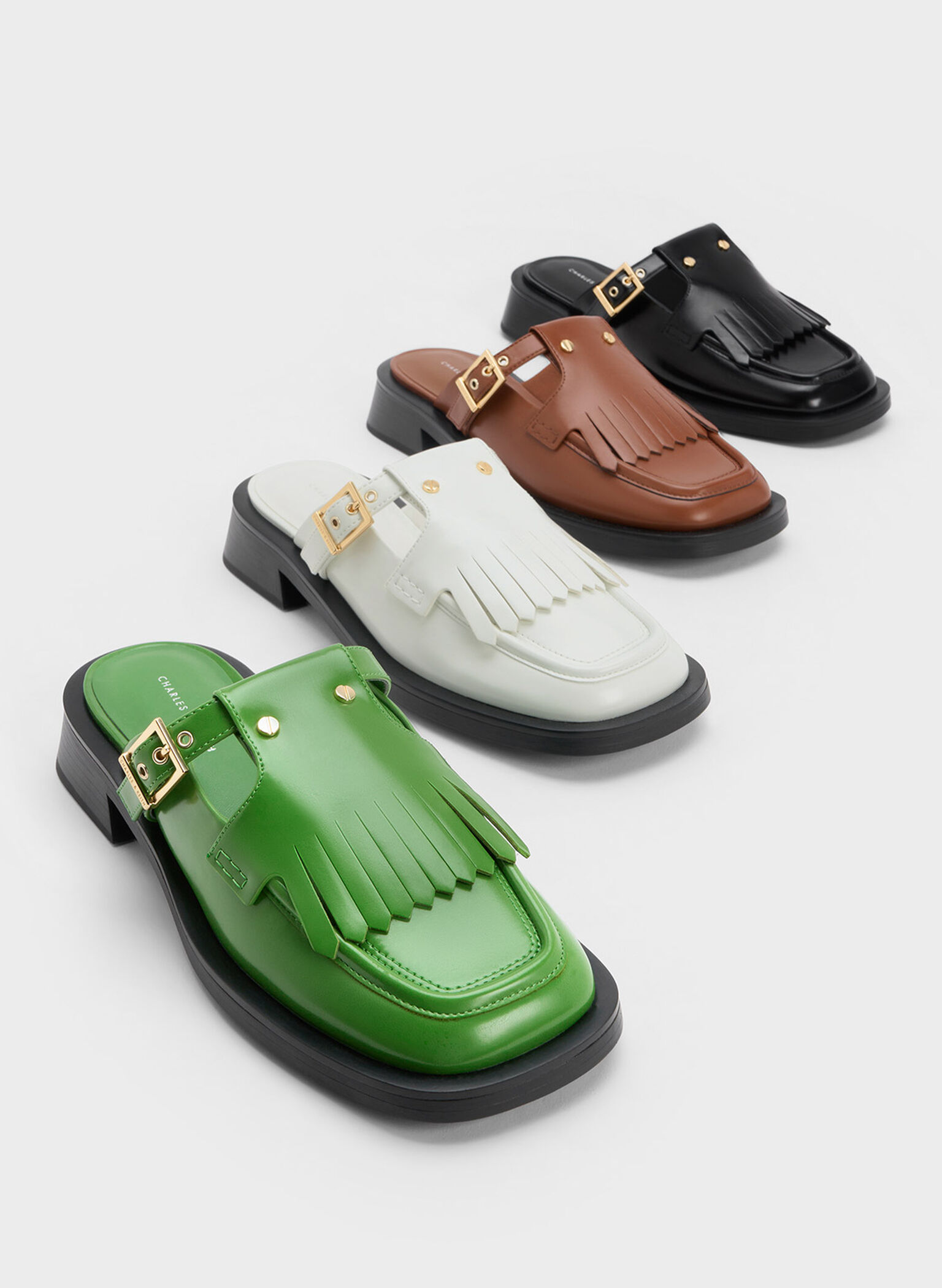 Studded Cut-Out Fringe Mules, Brown, hi-res