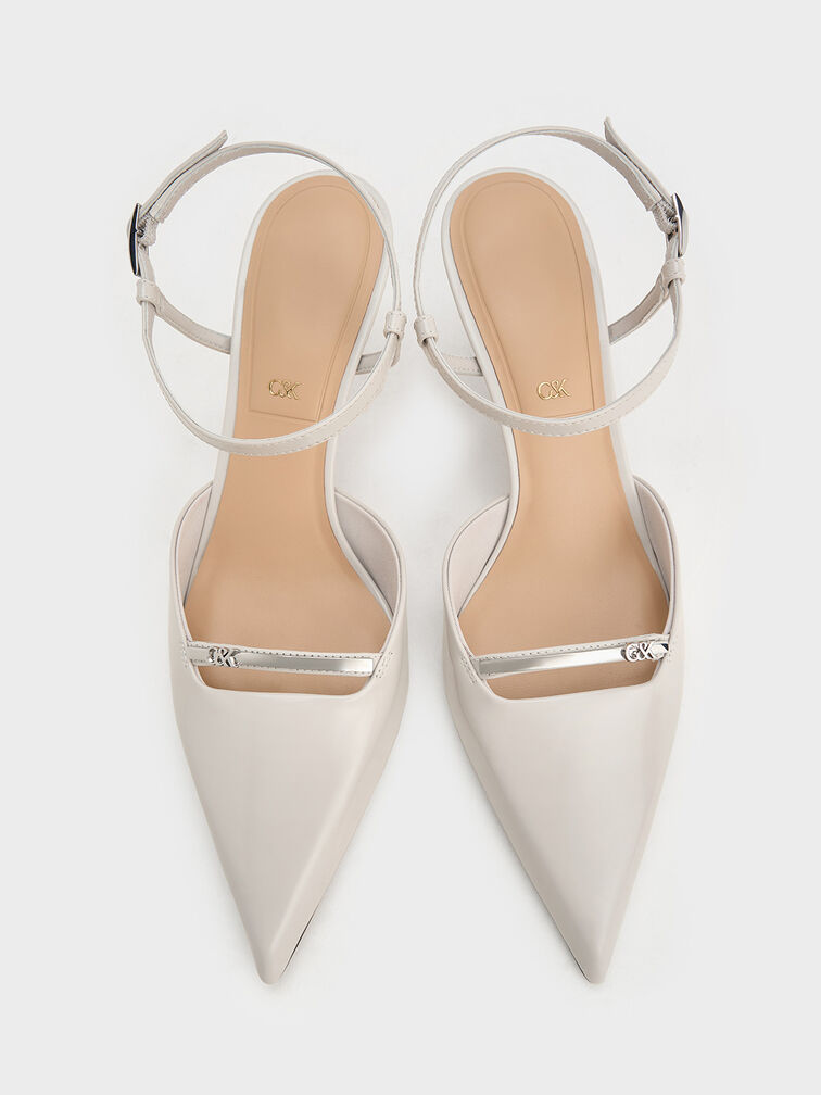 Leather Kitten-Heel Ankle-Strap Pointed-Toe Pumps, Light Grey, hi-res