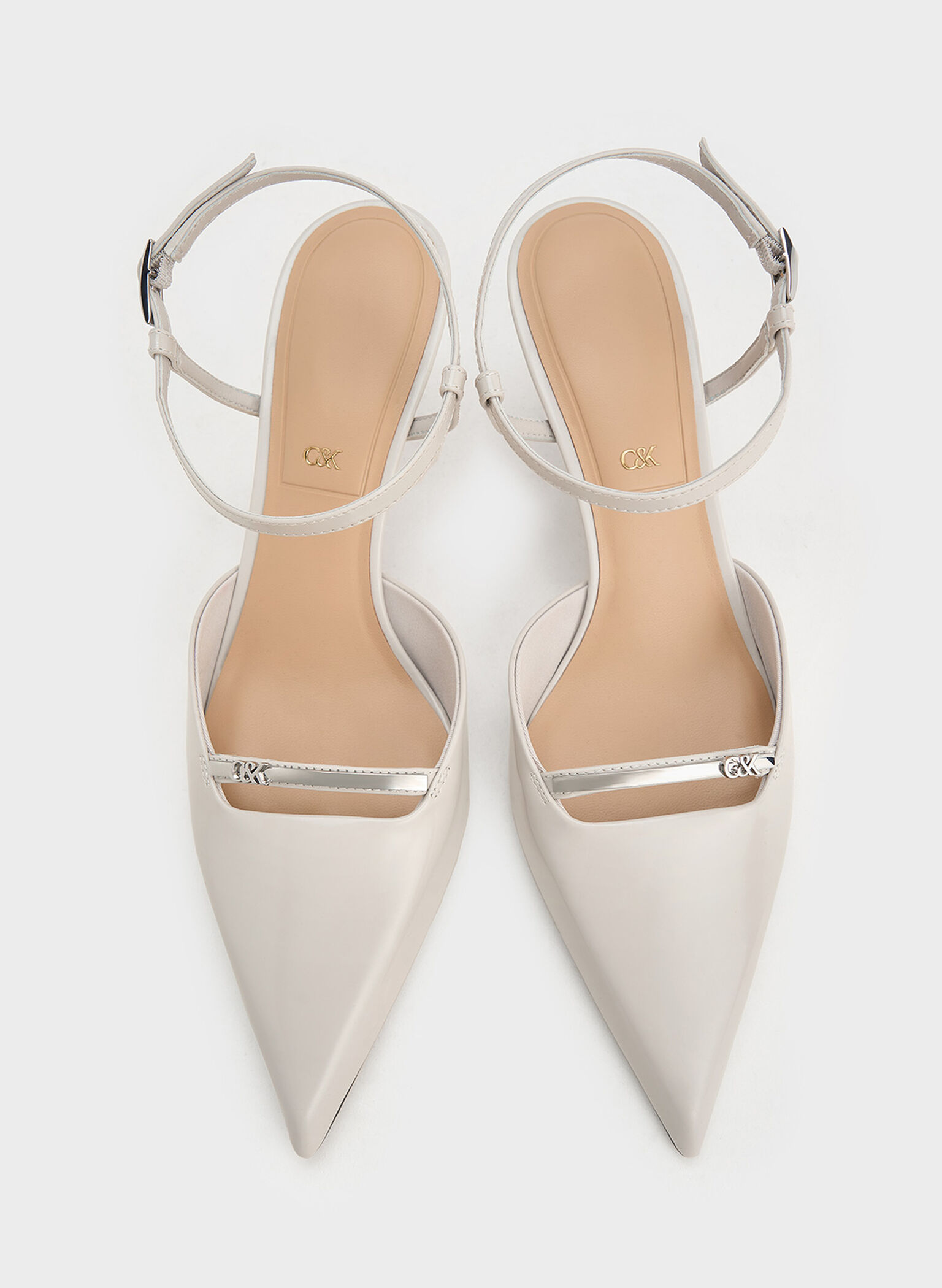 Leather Kitten-Heel Ankle-Strap Pointed-Toe Pumps, Light Grey, hi-res