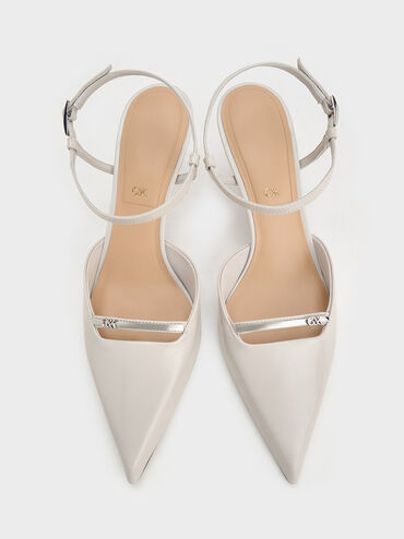 Leather Kitten-Heel Ankle-Strap Pointed-Toe Pumps, Light Grey, hi-res