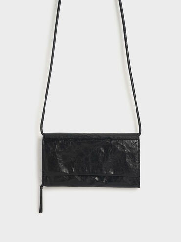 Crumpled-Effect Front Flap Long Wallet, Black, hi-res