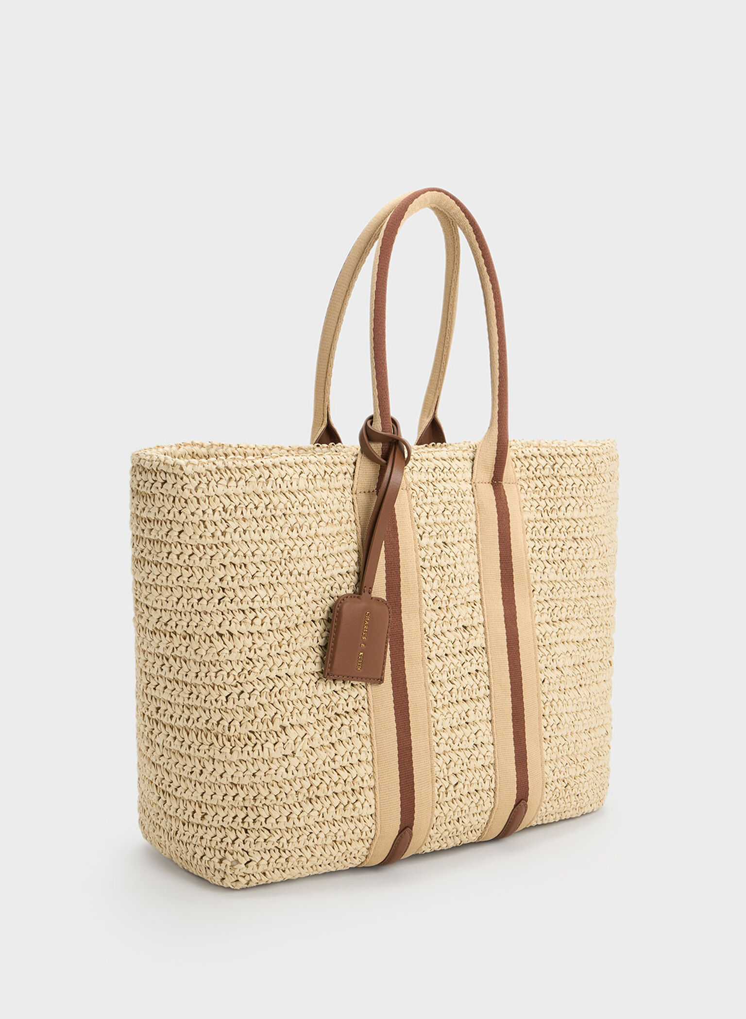 Striped Handles Raffia Tote Bag, Chocolate, hi-res