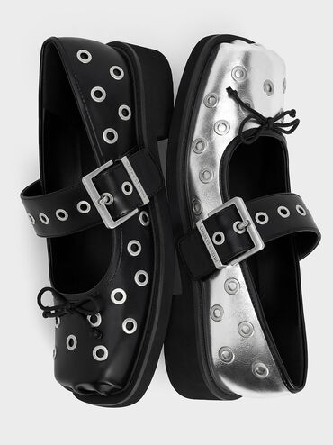Grommet Buckled Mary Janes, Black, hi-res