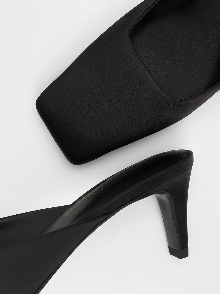 Satin Square-Toe Blade-Heel Mules, Black Textured, hi-res