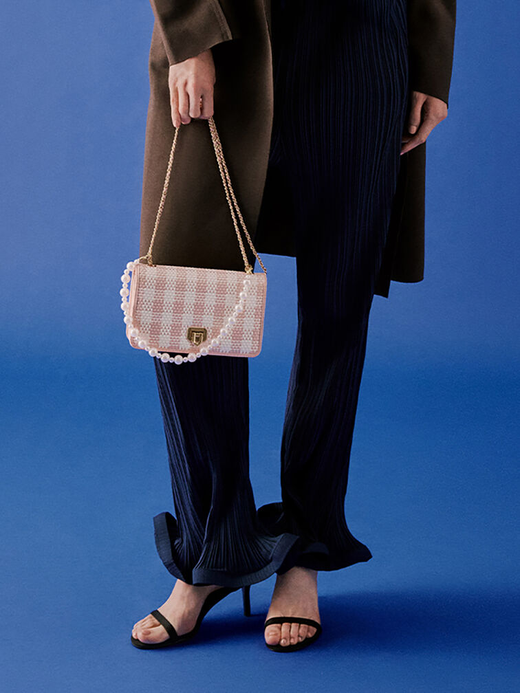 Alessia Checkered Pearl-Embellished Wallet on Chain, Light Pink, hi-res