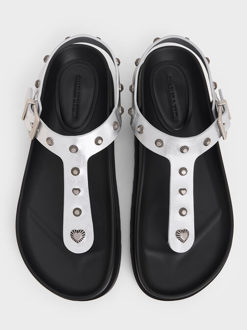 Metallic Studded Heart-Embellished Thong Sandals, Silver, hi-res