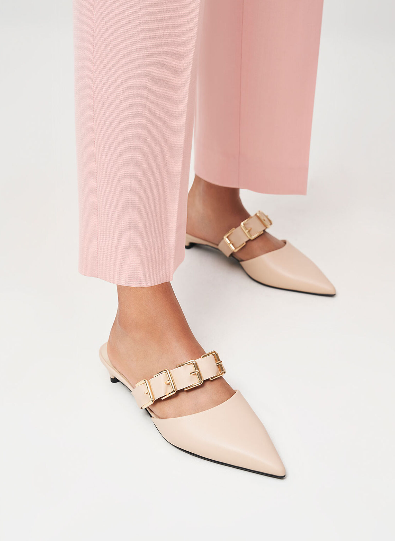 Buckled Leather Kitten Heel Mules, Chalk, hi-res
