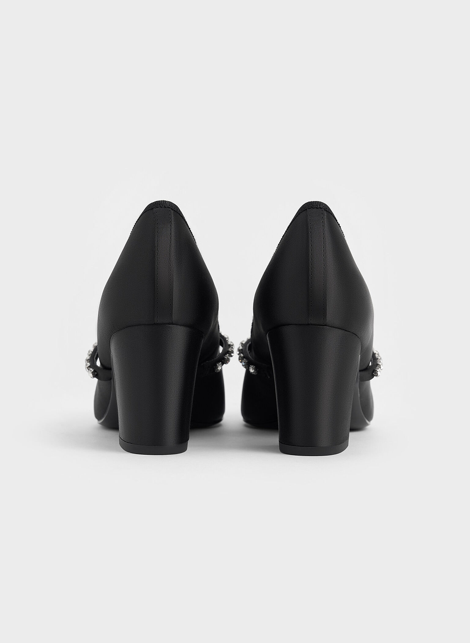 Satin Gem-Embellished Bow Mary Jane Pumps, Black Textured, hi-res