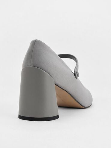 Faux Suede Cap-Toe Pointed Mary Jane Pumps, Grey, hi-res