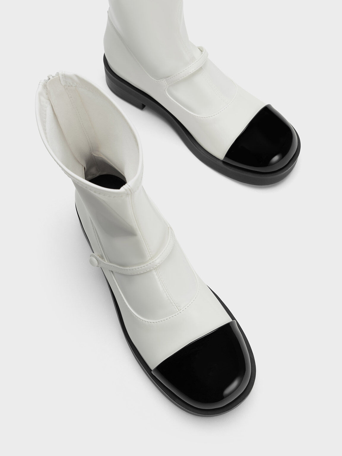 Front Strap Two Tone Ankle Boots White