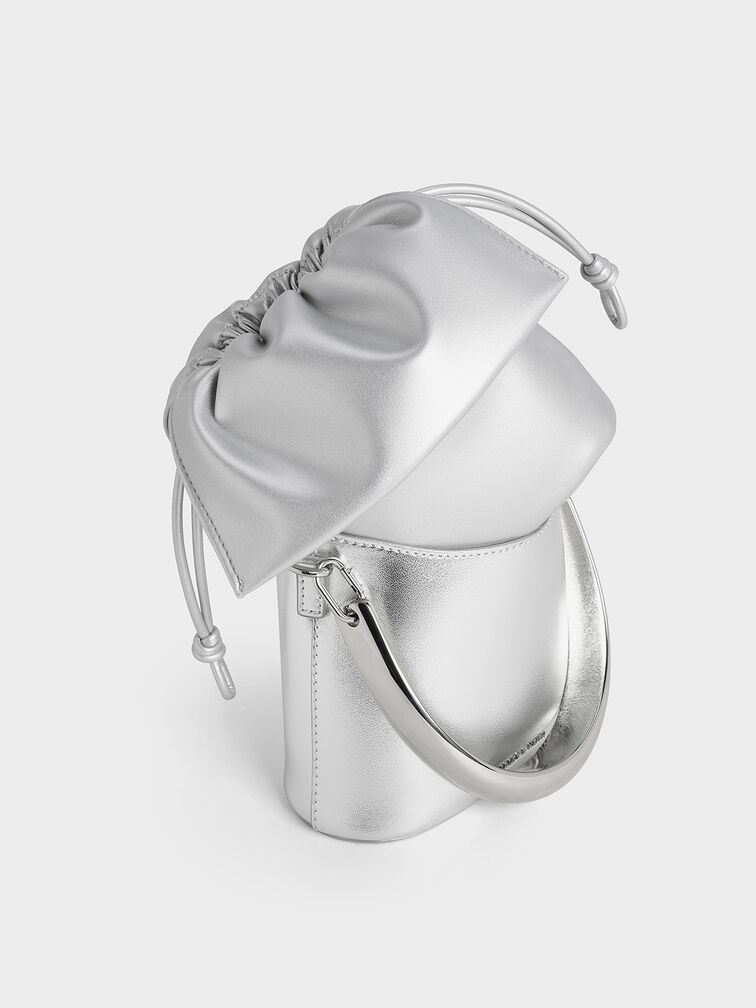 Metallic Ruched-Flap Drawstring Bucket Bag, Silver, hi-res