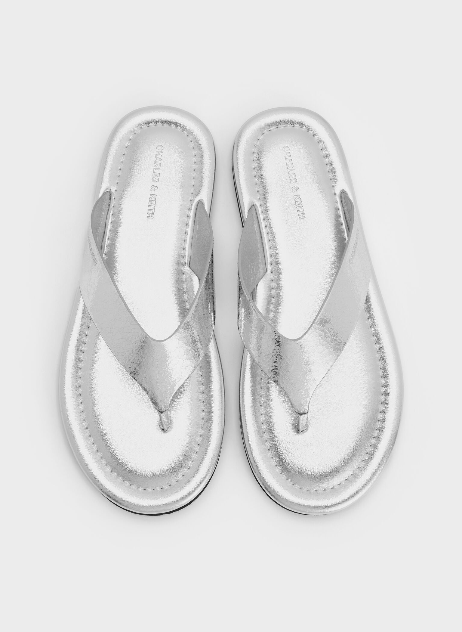 Trinah Metallic Crinkle-Effect Thong Sandals, Silver, hi-res