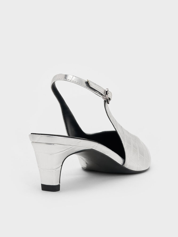 Croc-Effect Pointed-Toe Kitten-Heel Slingback Pumps, Animal Print Silver, hi-res