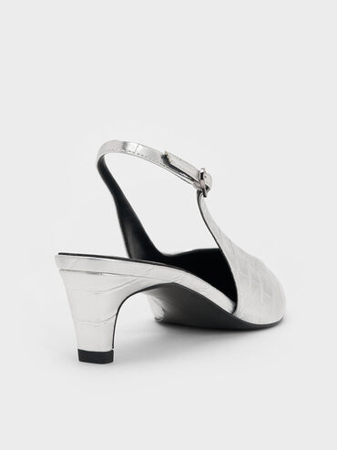 Croc-Effect Pointed-Toe Kitten-Heel Slingback Pumps, Animal Print Silver, hi-res