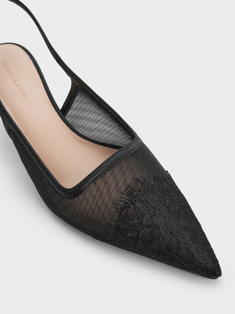 Mesh & Lace Pointed-Toe Slingback Pumps, Black Textured, hi-res