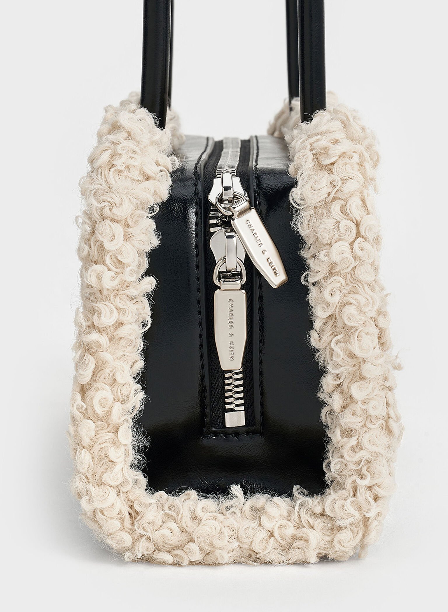 Fur-Trim Elongated-Handle Shoulder Bag, Chalk, hi-res