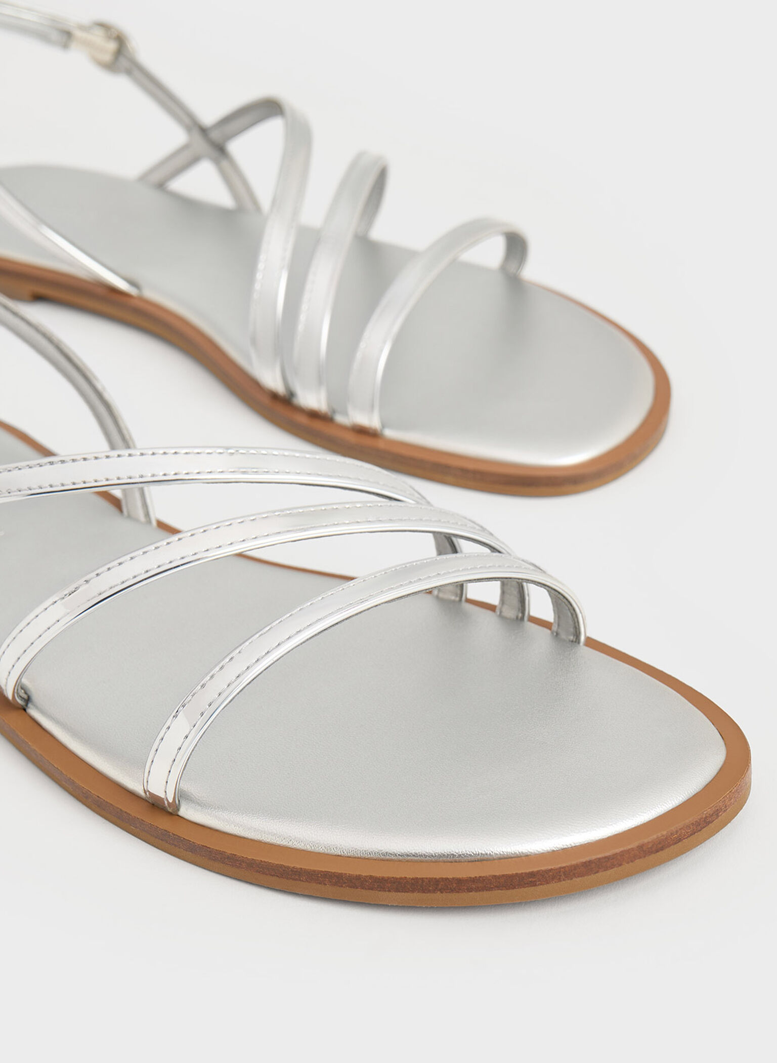 Metallic Asymmetric Triple-Strap Sandals, Silver, hi-res