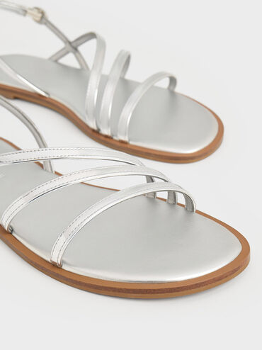 Metallic Asymmetric Triple-Strap Sandals, Silver, hi-res