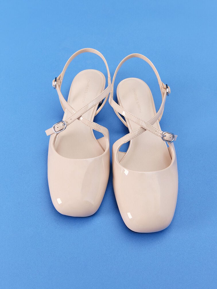 Patent Crossover Buckled Slingback Flats, Nude, hi-res