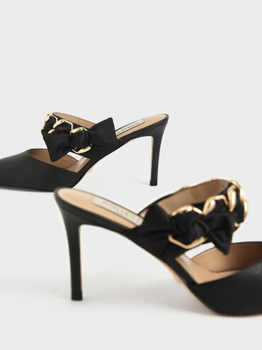 Satin Bow Leather Mules, Black, hi-res