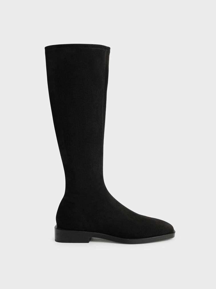 Sasky Faux Suede Knee High Flat Boots, Black Textured, hi-res