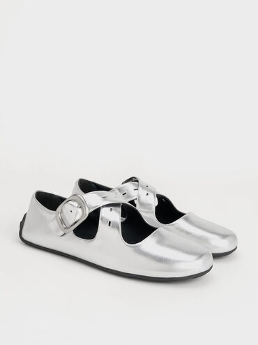 Metallic Crossover-Strap Mary Janes, Silver, hi-res