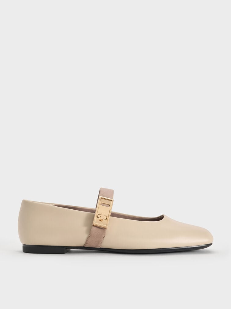 Lando Two-Tone Metallic-Buckle Mary Jane Flats, Chalk, hi-res