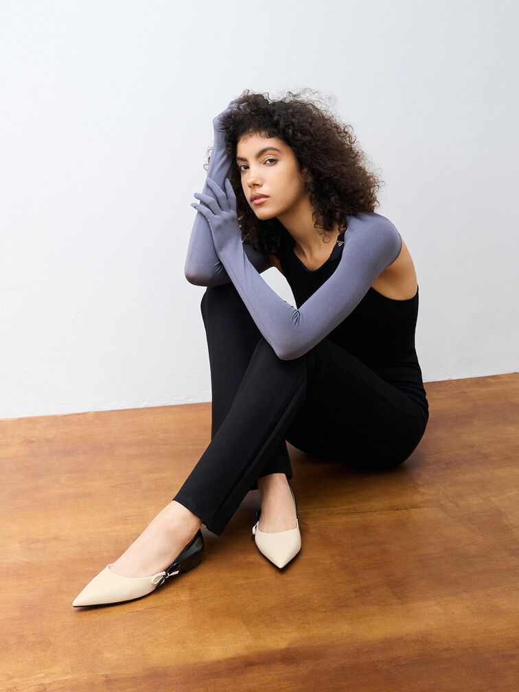 Two-Tone Bow Pointed-Toe Flats, Chalk, hi-res