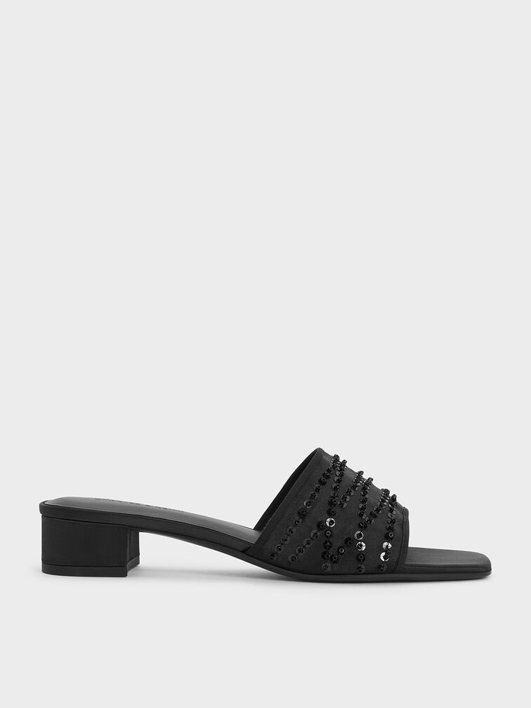 Mesh Sequinned Block-Heel Mules, Black Textured, hi-res