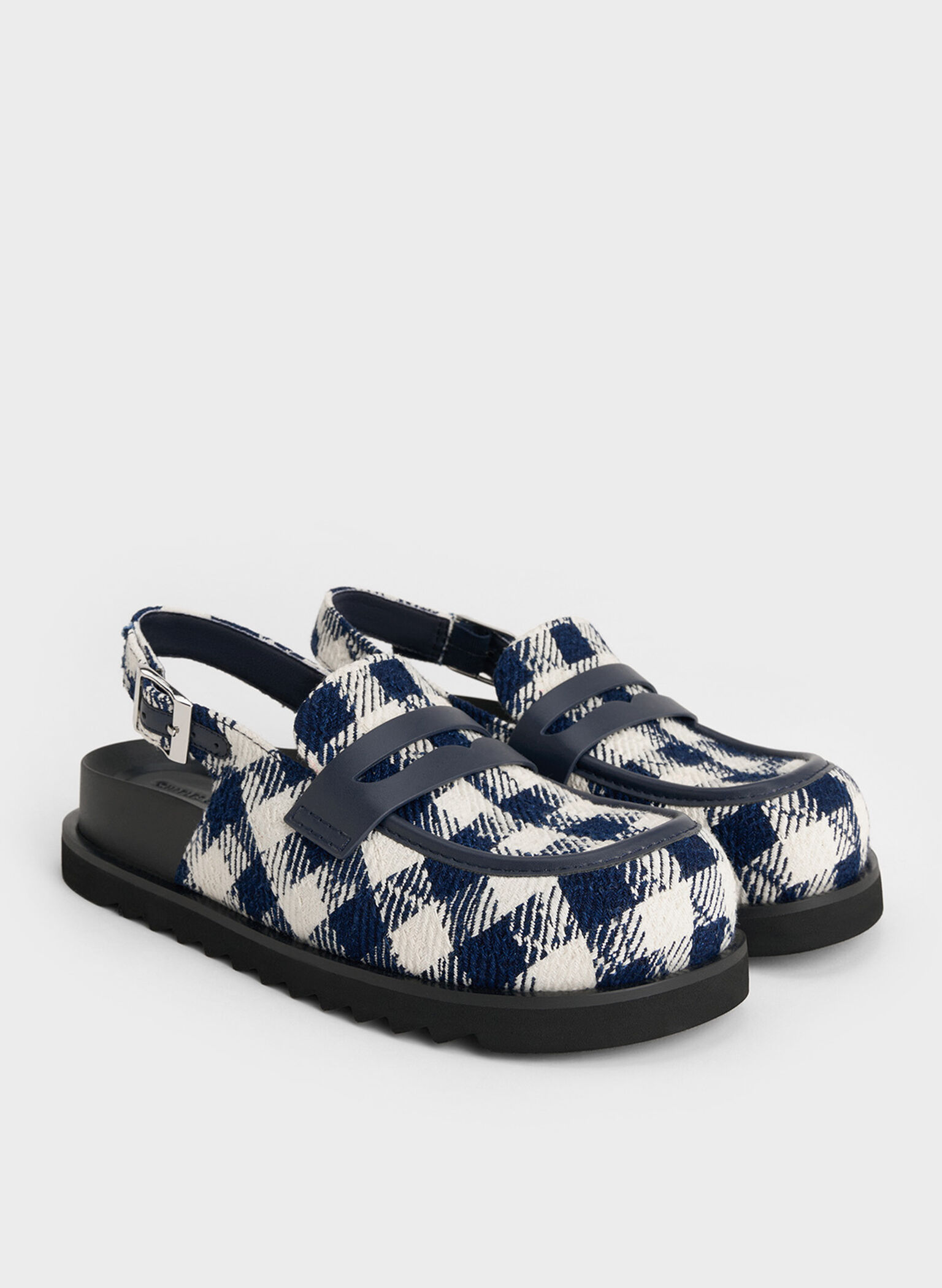 Checkered Slingback Penny Loafers, Dark Blue, hi-res