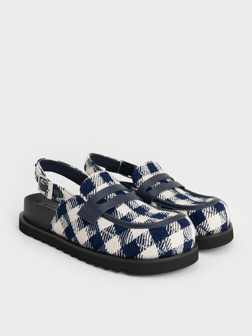 Checkered Slingback Penny Loafers, Dark Blue, hi-res