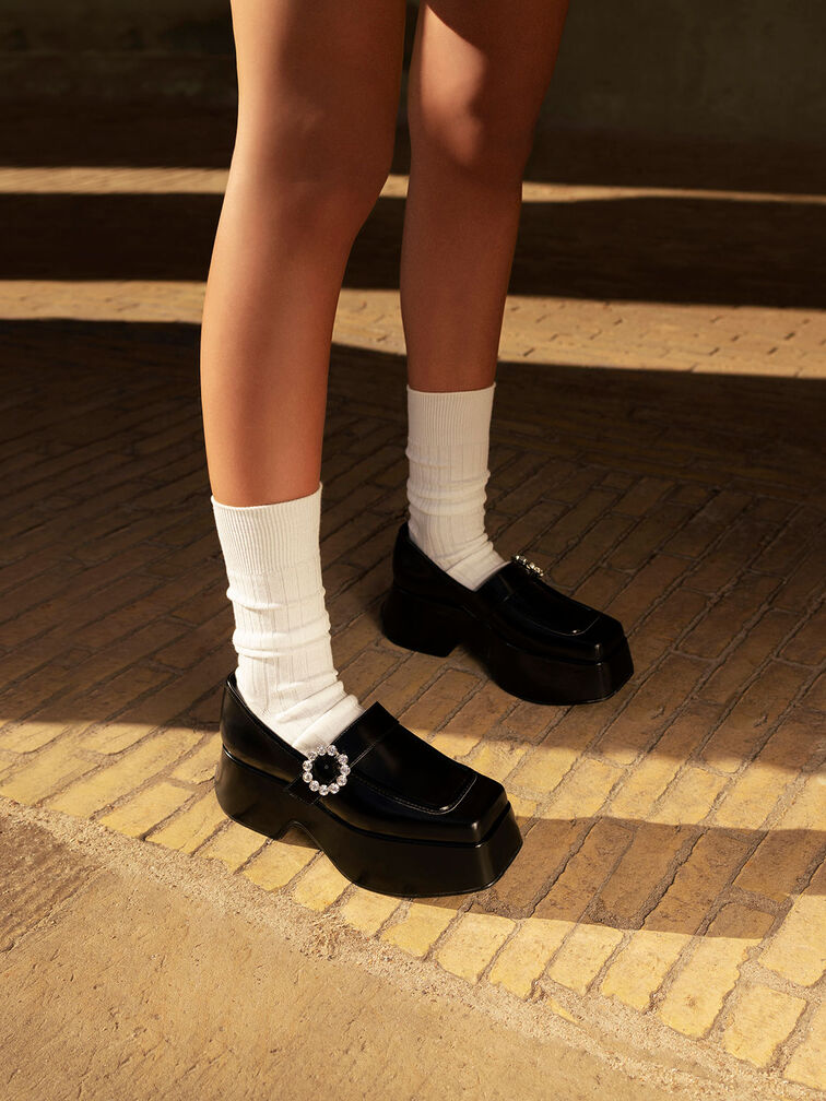 Gem-Embellished Chunky Platform Loafers, Black, hi-res