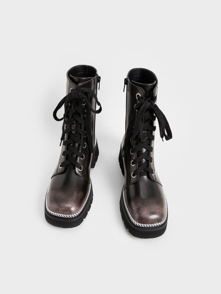 Chain-Trim Lace-Up Boots, Dark Grey, hi-res