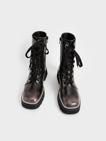 Chain-Trim Lace-Up Boots, Dark Grey, hi-res