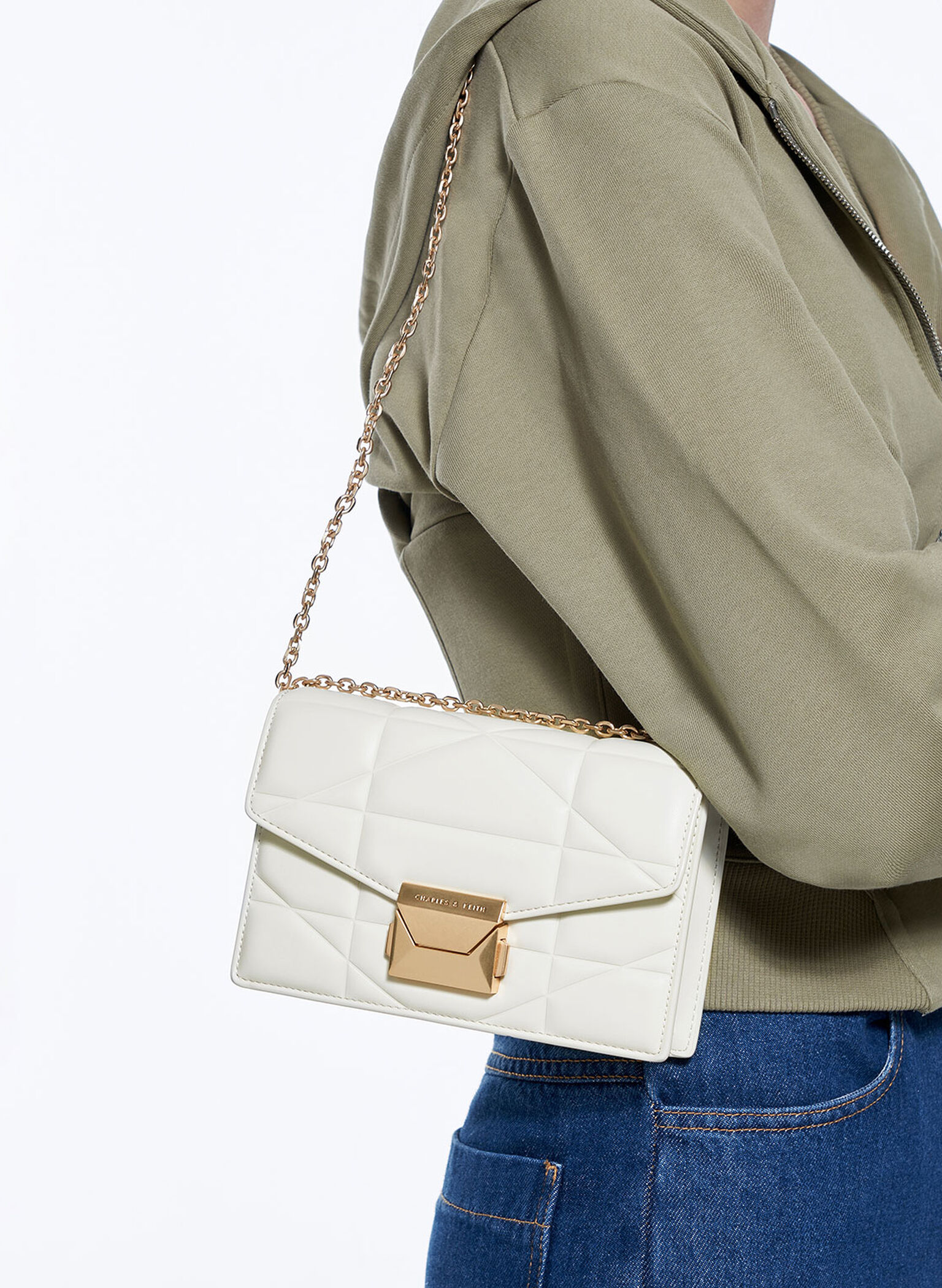 Blanche Chevron Chain-Strap Clutch, White, hi-res