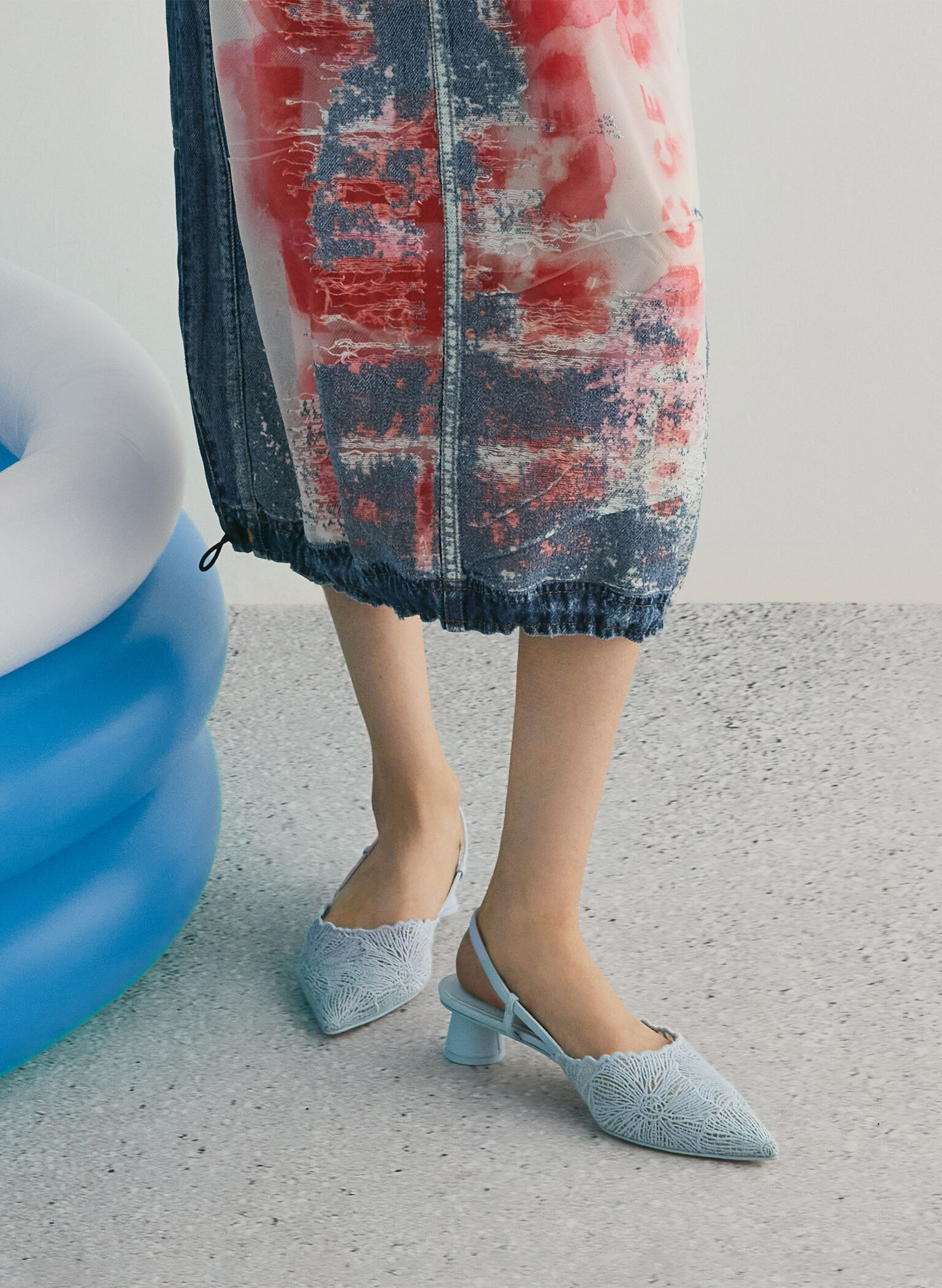 Crochet Floral Pointed-Toe Slingback Pumps, Blue, hi-res