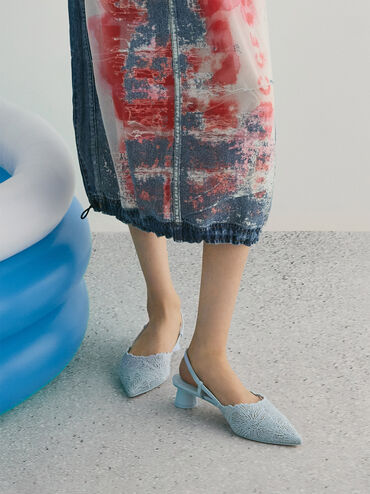 Crochet Floral Pointed-Toe Slingback Pumps, Blue, hi-res