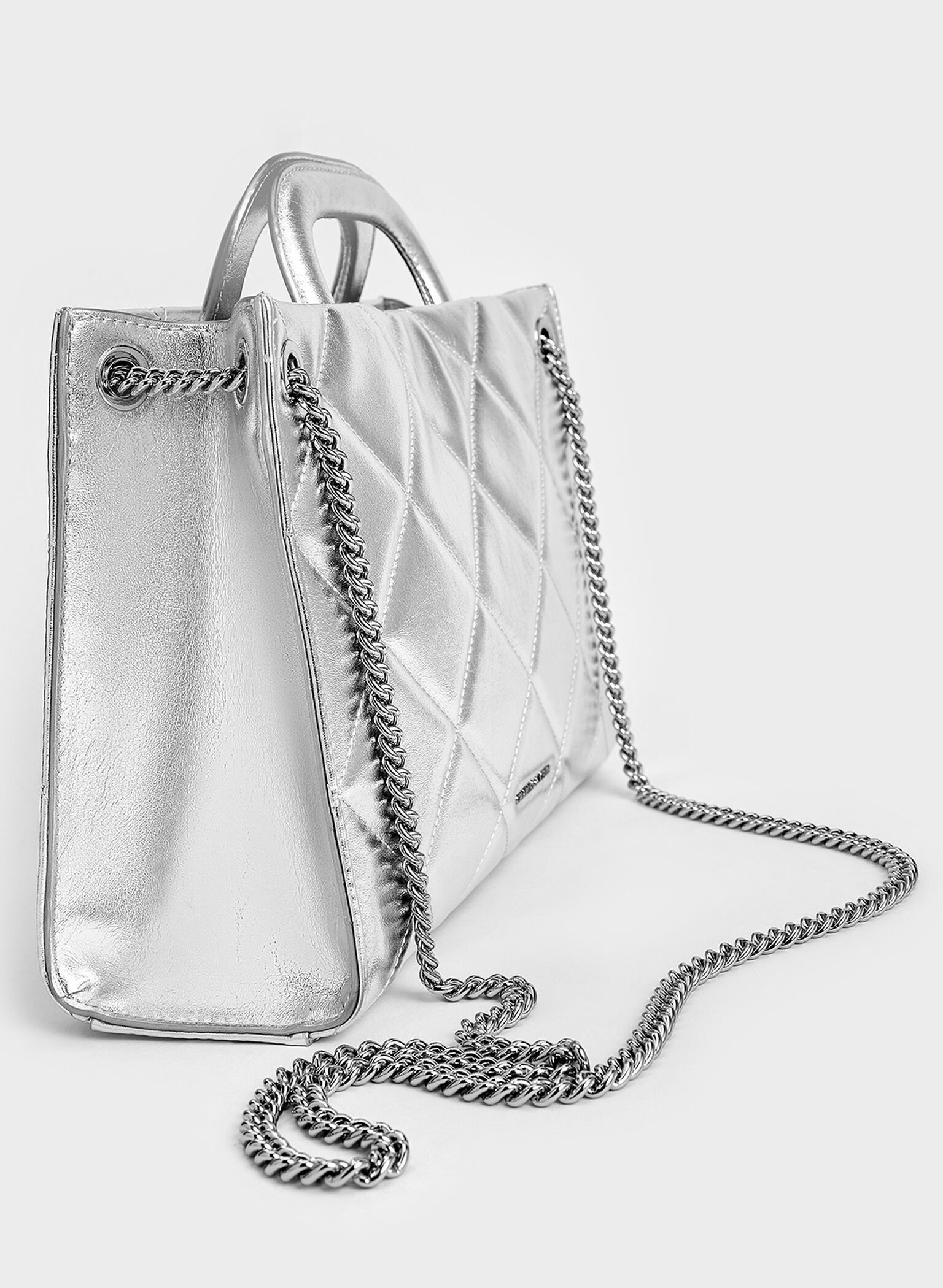 Apfra Metallic Quilted Chain-Handle Bag, Silver, hi-res