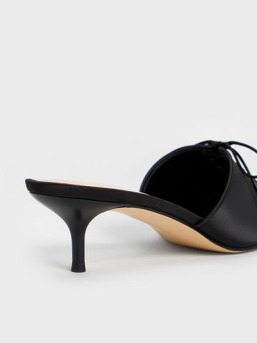 Satin Lace-Up Pointed-Toe Kitten-Heel Mules, Black Textured, hi-res