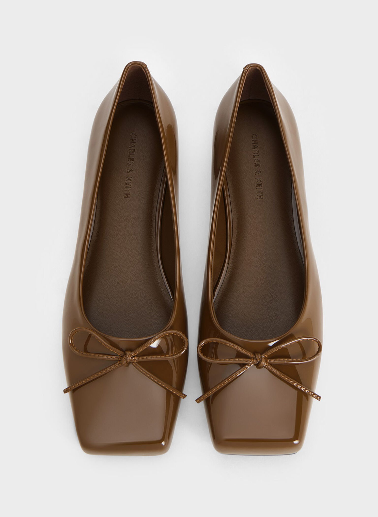 Square-Toe Bow Ballet Flats, Brown, hi-res