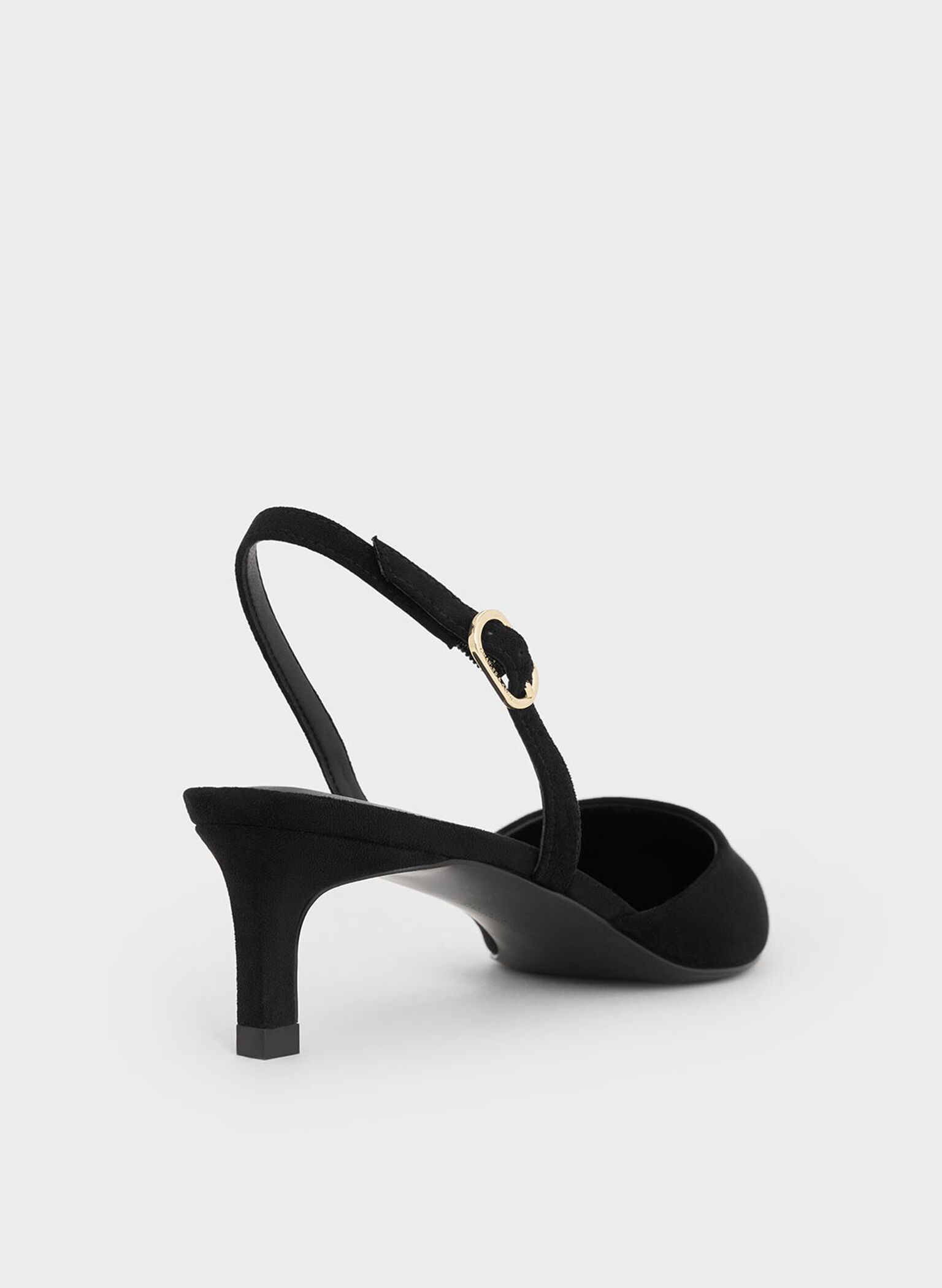Faux Suede Pointed-Toe Slingback Kitten Heels, Black Textured, hi-res