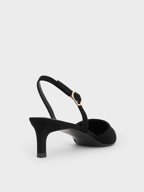 Faux Suede Pointed-Toe Slingback Kitten Heels, Black Textured, hi-res