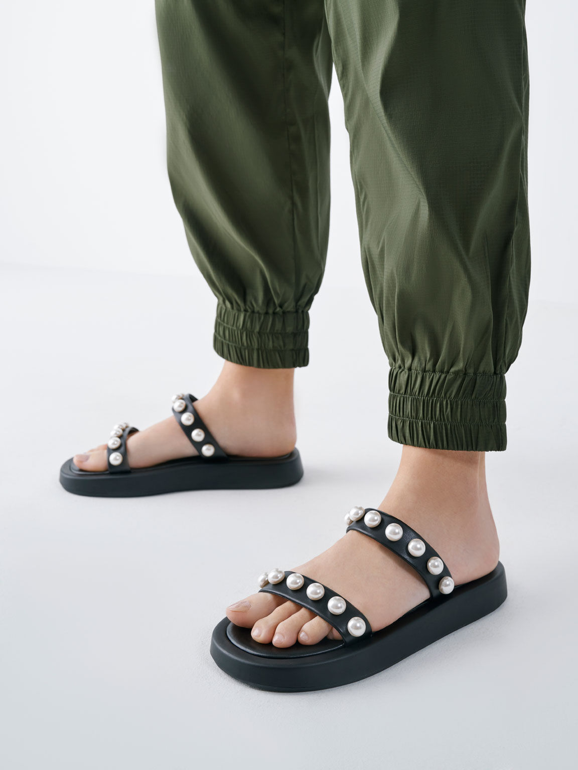 Pearl-Embellished Slide Sandals, Black, hi-res
