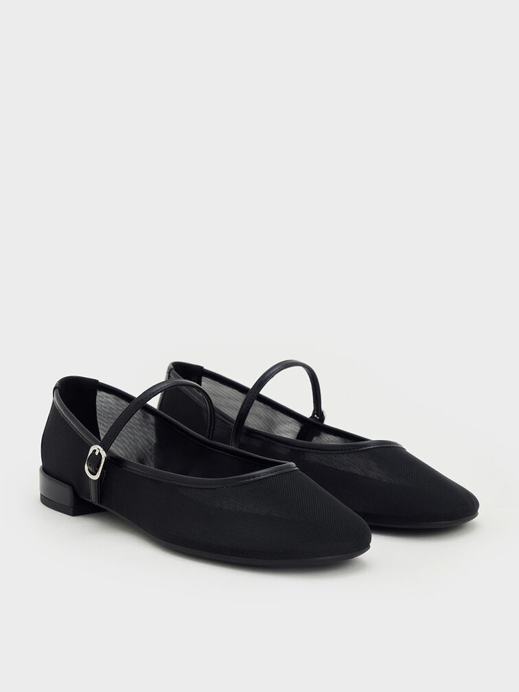 Gertrude Mesh Mary Jane Flats, Black Textured, hi-res