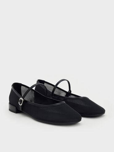 Gertrude Mesh Mary Jane Flats, Black Textured, hi-res
