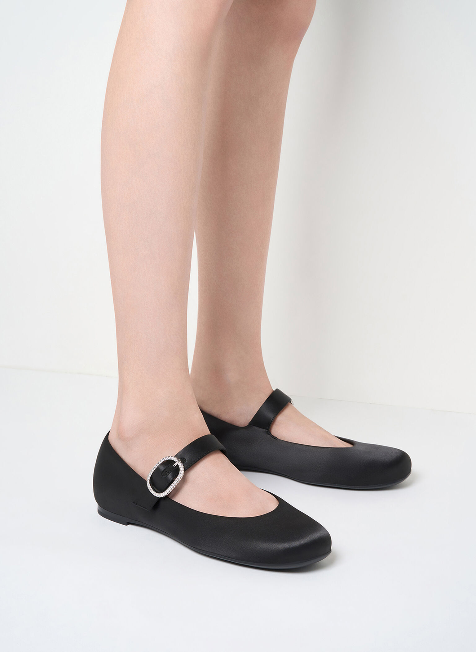 Jannie Satin Crystal-Buckle Mary Janes, Black Textured, hi-res