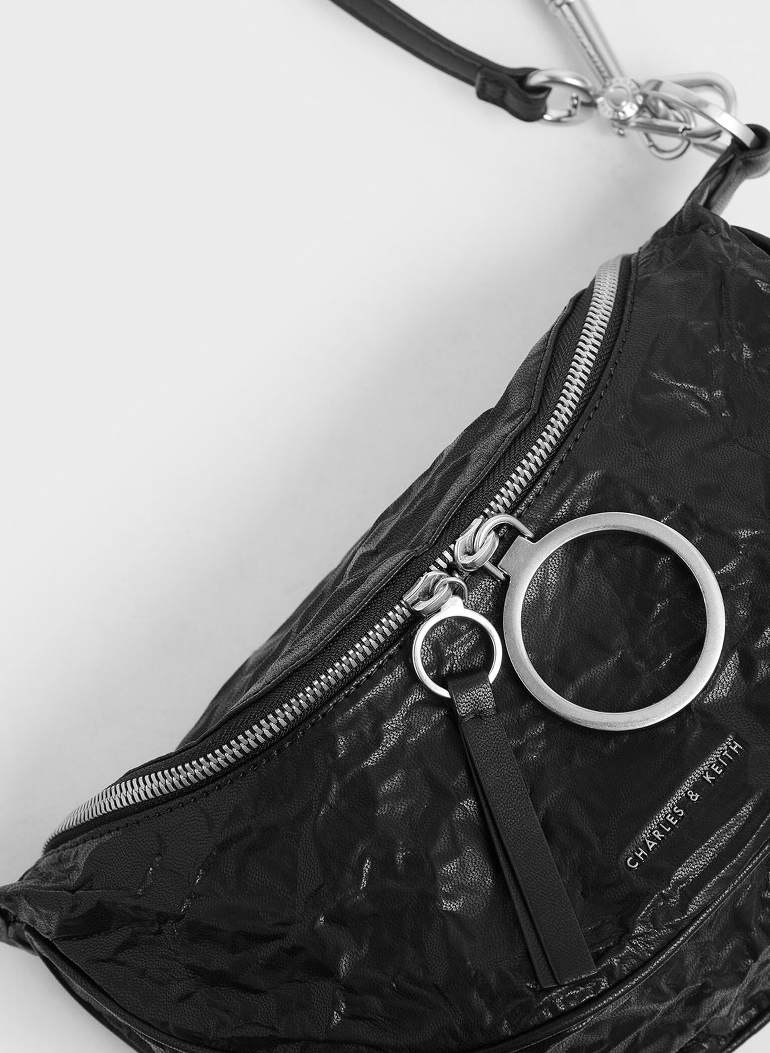 Wrinkled Effect Semi-Circle Crossbody Bag, Black, hi-res