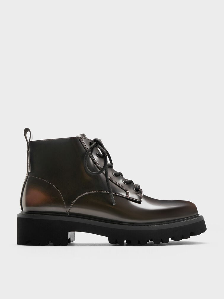 Ridged-Sole Side-Zip Combat Boots, Dark Brown, hi-res
