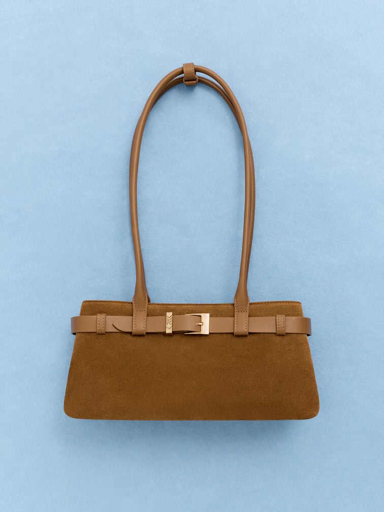 Jody Suede Belted Shoulder Bag, Ember Brown, hi-res